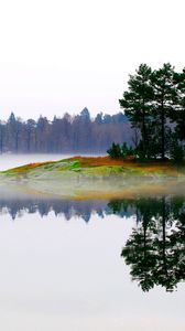 Preview wallpaper lake, morning, fog, trees, island, landscape