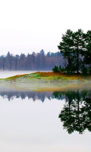 Preview wallpaper lake, morning, fog, trees, island, landscape