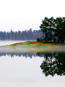 Preview wallpaper lake, morning, fog, trees, island, landscape
