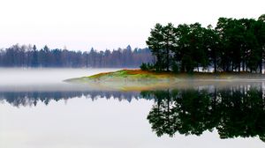 Preview wallpaper lake, morning, fog, trees, island, landscape