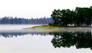 Preview wallpaper lake, morning, fog, trees, island, landscape