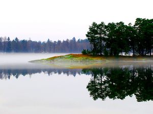 Preview wallpaper lake, morning, fog, trees, island, landscape