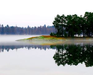 Preview wallpaper lake, morning, fog, trees, island, landscape