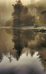 Preview wallpaper lake, morning, sunlight, beams, fog