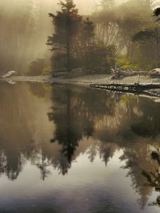 Preview wallpaper lake, morning, sunlight, beams, fog