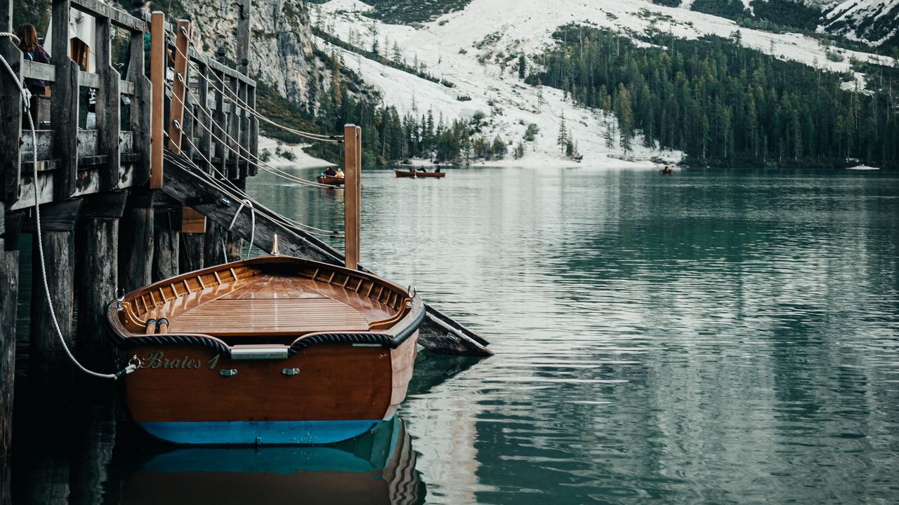 Wallpaper lake, mountain, boat, pier, water