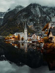 Preview wallpaper lake, mountain, buildings, village, aerial view, shore