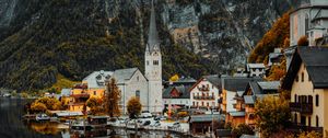 Preview wallpaper lake, mountain, buildings, village, aerial view, shore