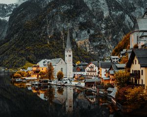 Preview wallpaper lake, mountain, buildings, village, aerial view, shore