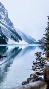 Preview wallpaper lake, mountain, fog, snowy, mountain landscape, canada