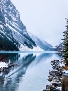 Preview wallpaper lake, mountain, fog, snowy, mountain landscape, canada