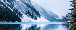 Preview wallpaper lake, mountain, fog, snowy, mountain landscape, canada