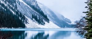 Preview wallpaper lake, mountain, fog, snowy, mountain landscape, canada