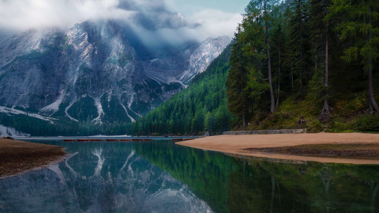 Wallpaper lake, mountain, forest, reflection, water