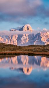 Preview wallpaper lake, mountain, grass, landscape, sky, clouds