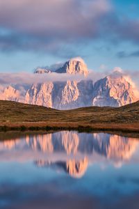 Preview wallpaper lake, mountain, grass, landscape, sky, clouds
