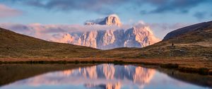 Preview wallpaper lake, mountain, grass, landscape, sky, clouds