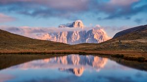 Preview wallpaper lake, mountain, grass, landscape, sky, clouds