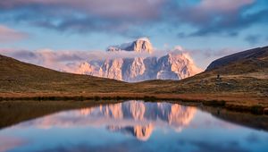 Preview wallpaper lake, mountain, grass, landscape, sky, clouds