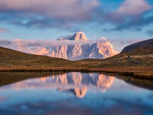Preview wallpaper lake, mountain, grass, landscape, sky, clouds