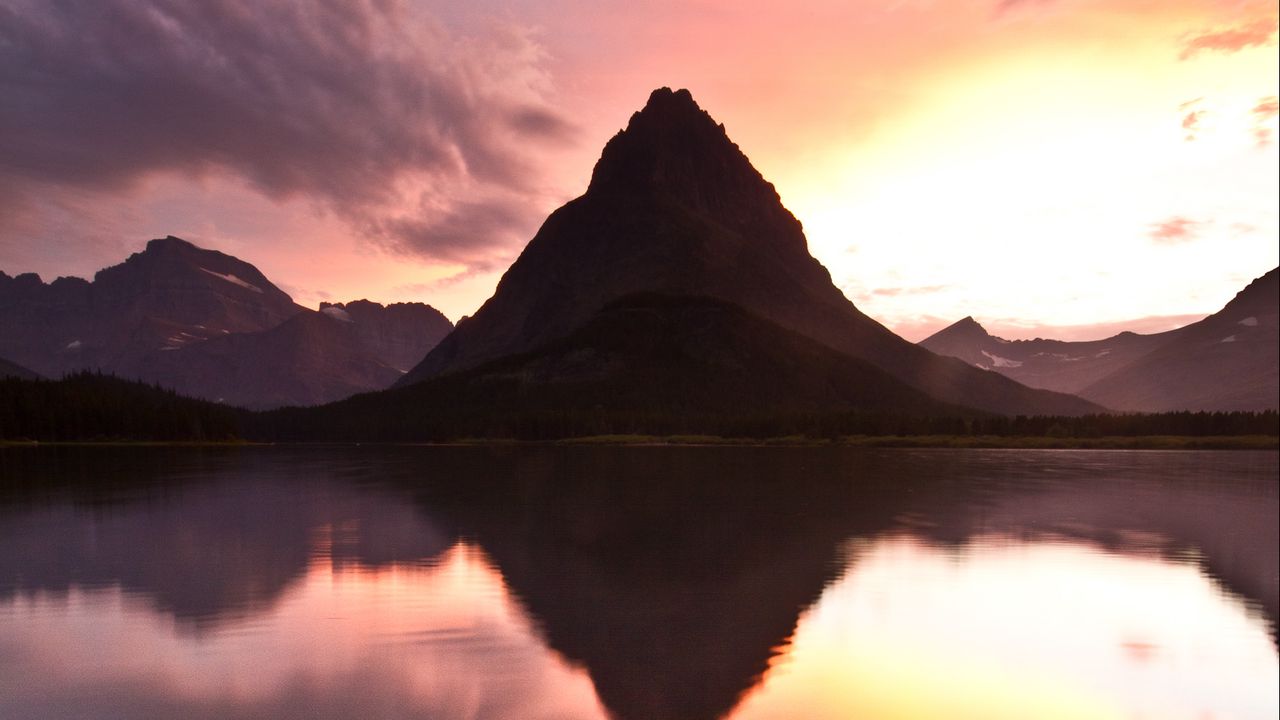 Wallpaper lake, mountain, rock, sunset, reflection, landscape