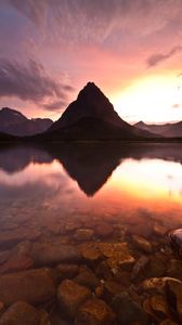 Preview wallpaper lake, mountain, rock, sunset, reflection, landscape