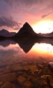 Preview wallpaper lake, mountain, rock, sunset, reflection, landscape