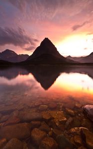 Preview wallpaper lake, mountain, rock, sunset, reflection, landscape