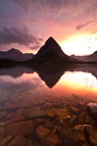Preview wallpaper lake, mountain, rock, sunset, reflection, landscape