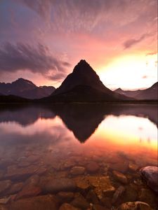 Preview wallpaper lake, mountain, rock, sunset, reflection, landscape
