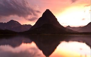 Preview wallpaper lake, mountain, rock, sunset, reflection, landscape