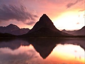 Preview wallpaper lake, mountain, rock, sunset, reflection, landscape