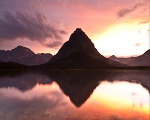 Preview wallpaper lake, mountain, rock, sunset, reflection, landscape