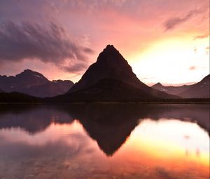 Preview wallpaper lake, mountain, rock, sunset, reflection, landscape