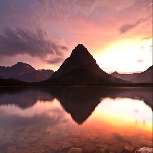Preview wallpaper lake, mountain, rock, sunset, reflection, landscape