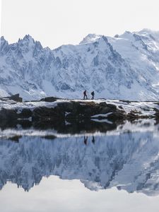 Preview wallpaper lake, mountain, snow, people, travel, nature