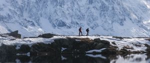 Preview wallpaper lake, mountain, snow, people, travel, nature