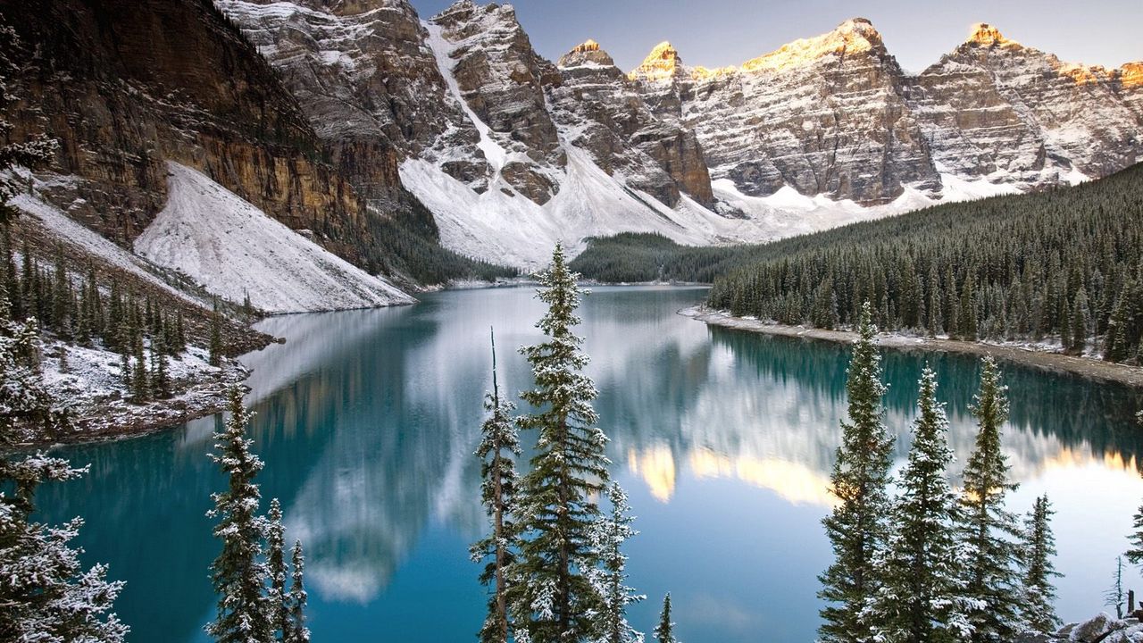 Wallpaper lake, mountain tops, fir-trees, water table