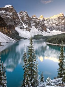 Preview wallpaper lake, mountain tops, fir-trees, water table