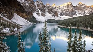 Preview wallpaper lake, mountain tops, fir-trees, water table