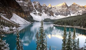 Preview wallpaper lake, mountain tops, fir-trees, water table