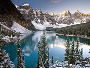 Preview wallpaper lake, mountain tops, fir-trees, water table