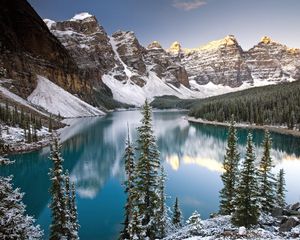 Preview wallpaper lake, mountain tops, fir-trees, water table