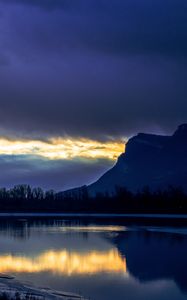 Preview wallpaper lake, mountain, trees, silhouettes, reflection, dark