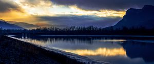 Preview wallpaper lake, mountain, trees, silhouettes, reflection, dark