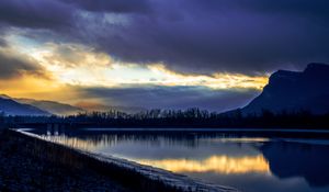 Preview wallpaper lake, mountain, trees, silhouettes, reflection, dark
