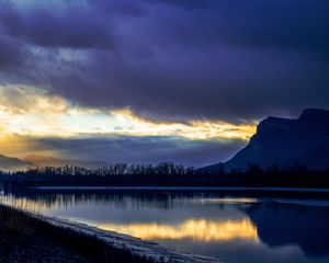Preview wallpaper lake, mountain, trees, silhouettes, reflection, dark