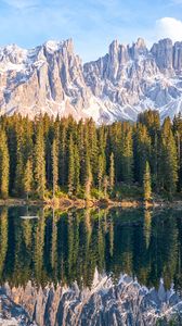 Preview wallpaper lake, mountain, trees, peaks, sky, reflection