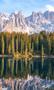 Preview wallpaper lake, mountain, trees, peaks, sky, reflection