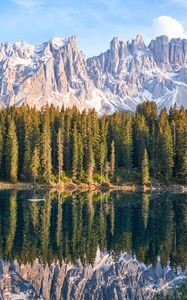 Preview wallpaper lake, mountain, trees, peaks, sky, reflection